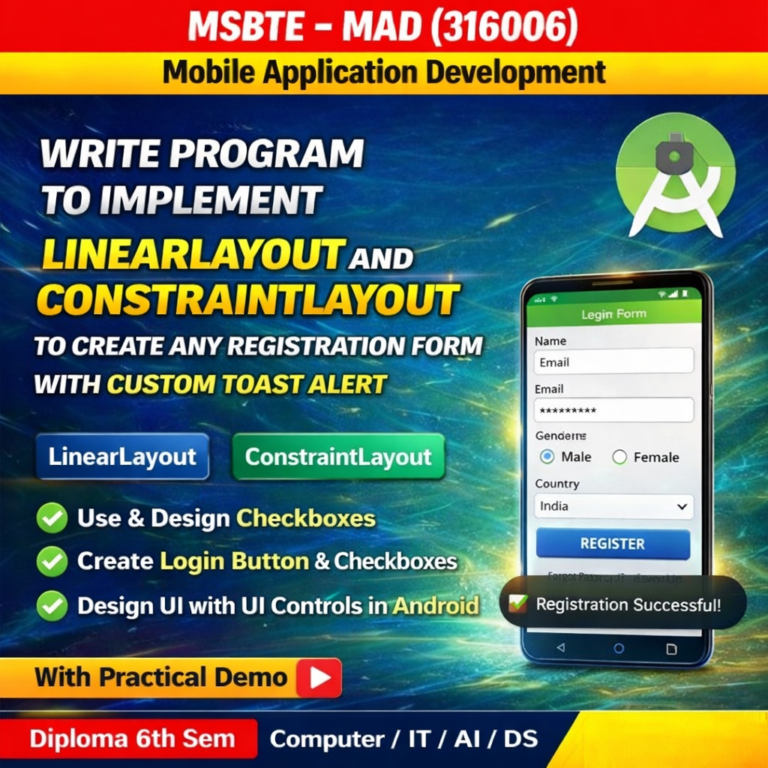 Write Program to Implement Linear Layout and Constraint Layout to Create a Registration Form with Custom Toast Alert | MAD 316006